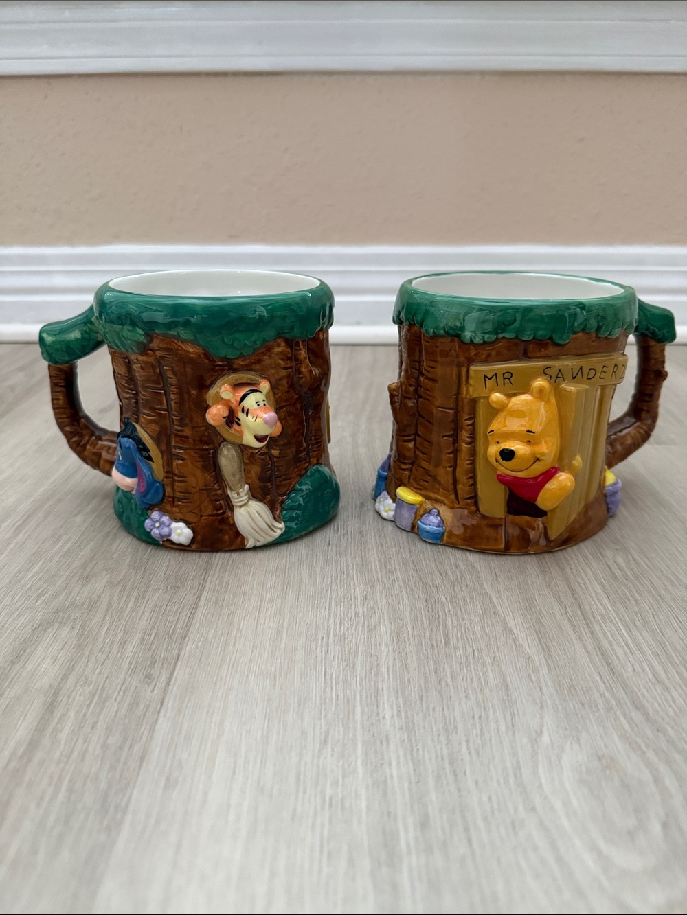 2 Winnie the Pooh & Friends Ceramic Tree Stump Mugs - Green and Brown